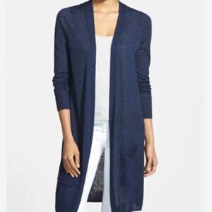 Halogen Cardigan Linen Blend Long Line Open Front Patch Pockets Navy Blue size M